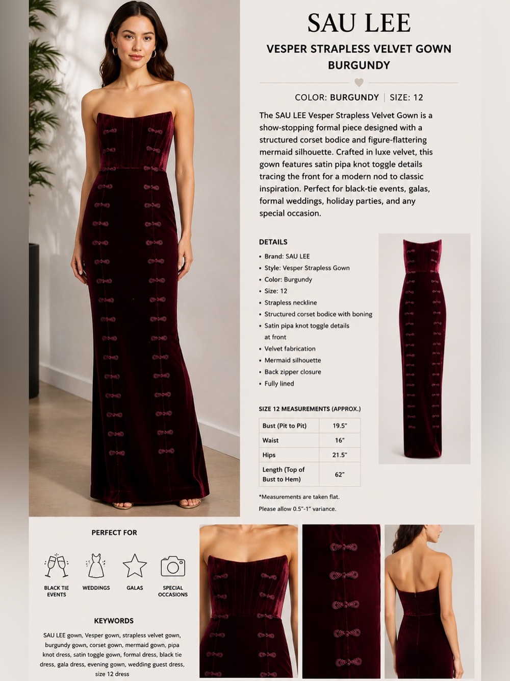 SAU LEE Vesper Strapless Burgundy Velvet Corset Gown Size 12